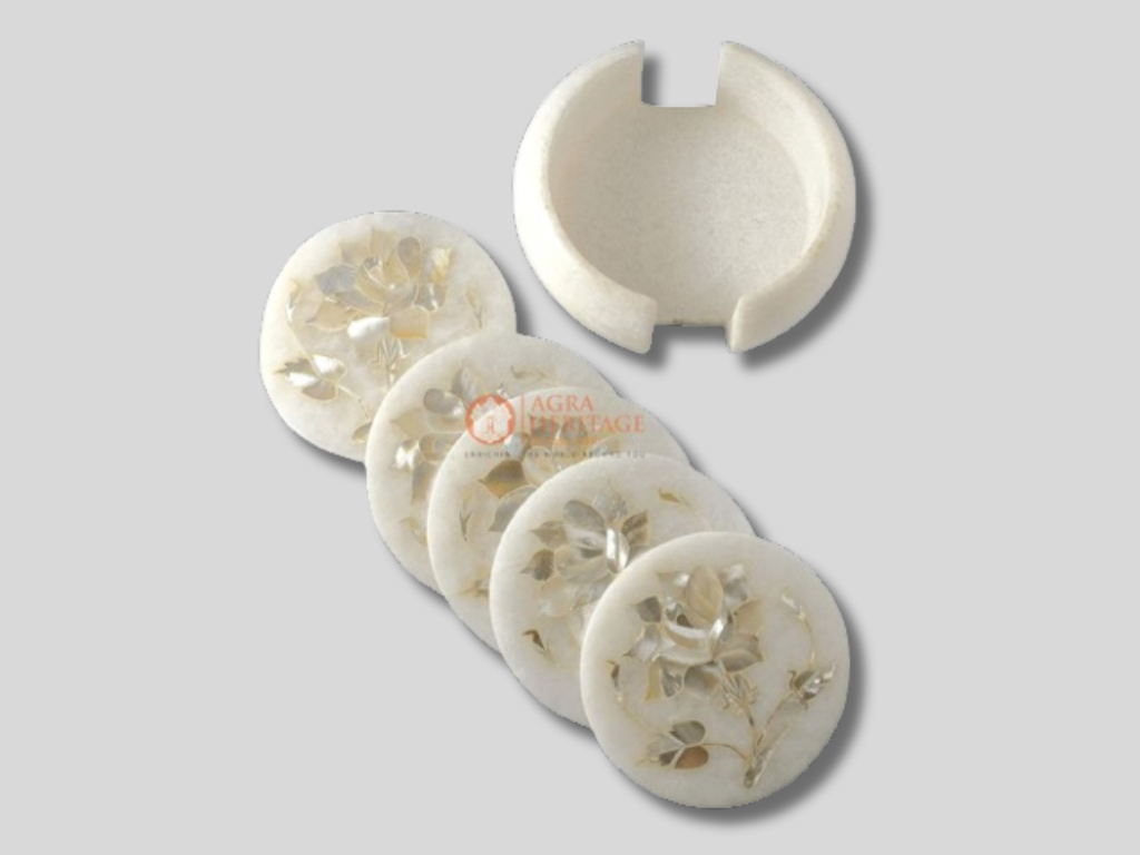 White Marble Coaster Set Mother of Pearl Floral Inlay Art